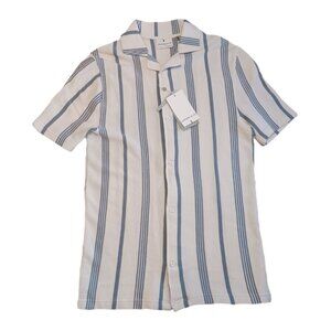 Larsson & Co Mens Small Button Down Shirt White & Blue Striped Lux Waffle Knit